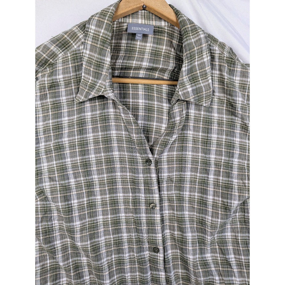 Green Plaid Short Sleeve Button Front Shirt Cotton 3X Tab Sleeve Outdoor
